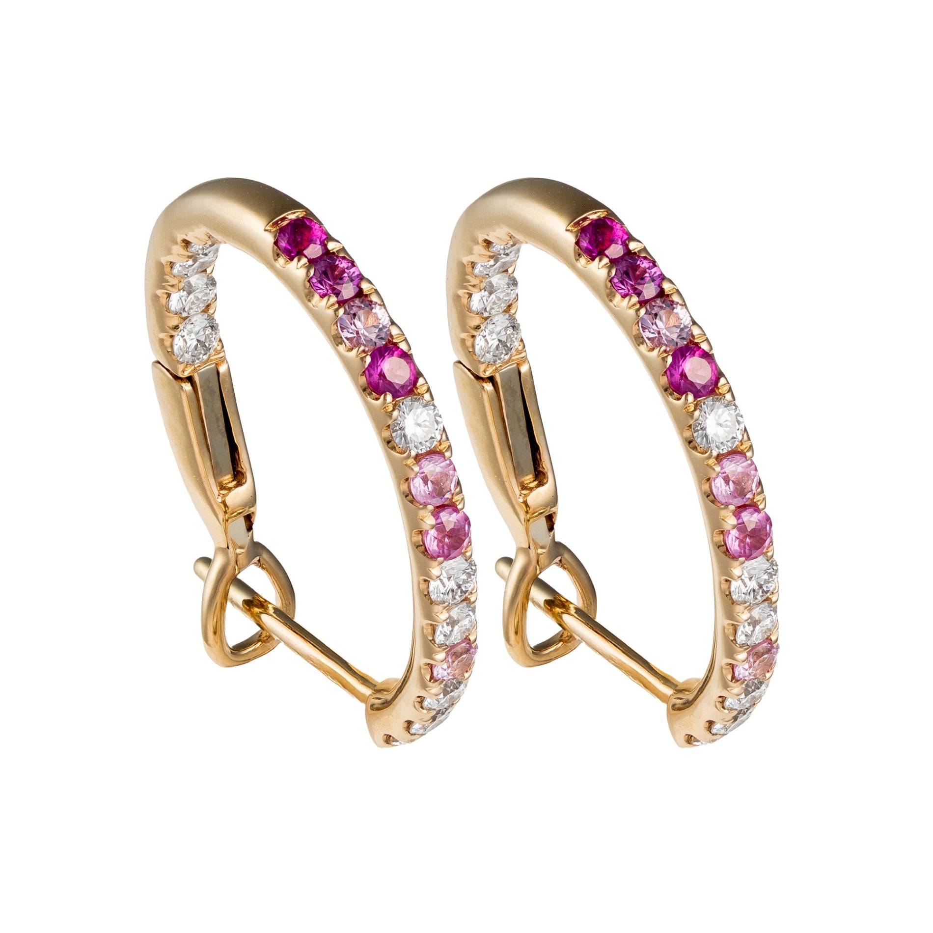 14K Yellow Gold Ombre Pink Sapphire & Diamond Inside Out Hoops by David Kord