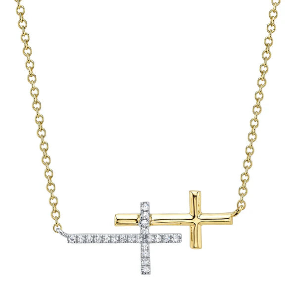 14K Two-Tone Diamond Sideways Stacked Cross Pendant Necklace