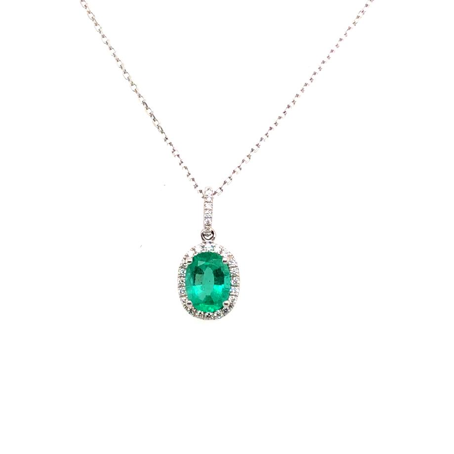 14K WG Oval Emerald & Diamond Halo Pendant Necklace by David Kord