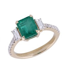 14K YG Emerald & Diamond 3-Stone Ring