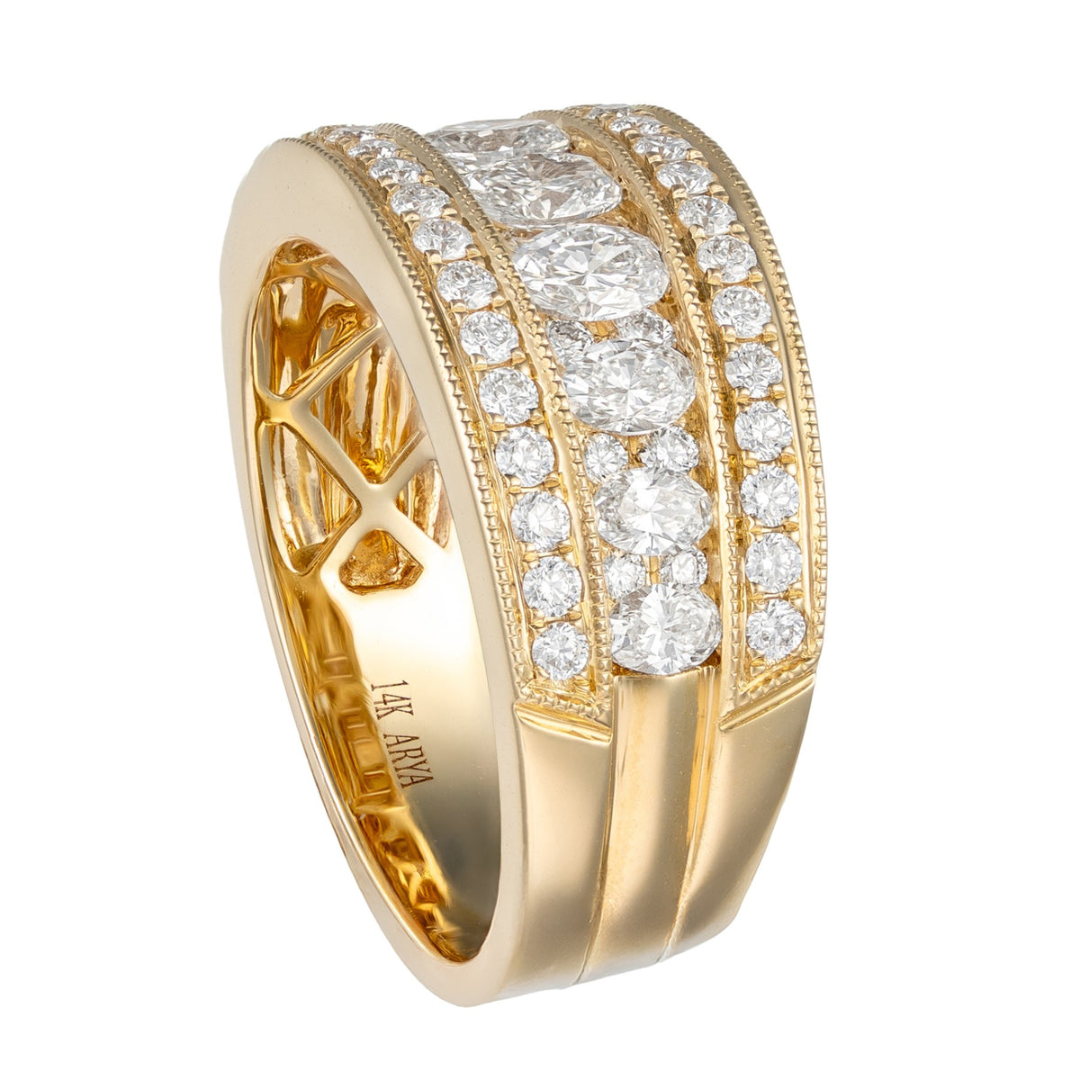 14K Yellow Gold Oval Diamond Three Row Band