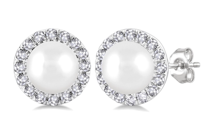 10K WG 4.5mm Cultured Pearl & 1/8cttw Diamond Halo Studs