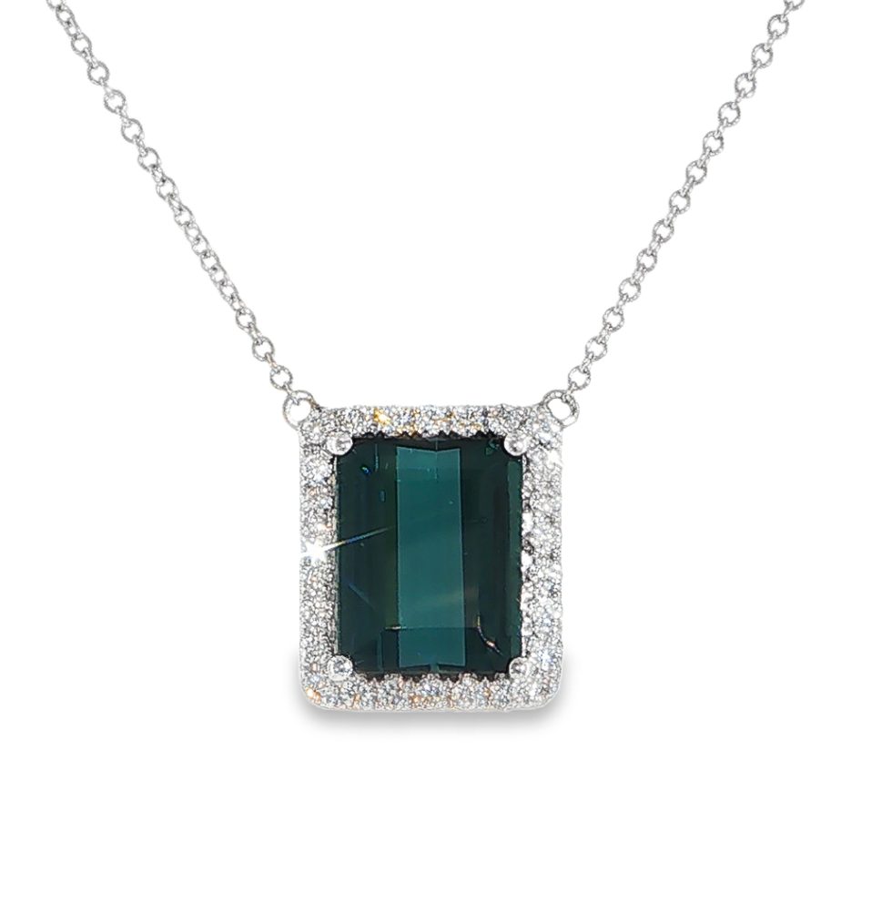 18K White Gold Emerald Cut Blue-Green Tourmaline & Diamond Halo Pendant Necklace by David Kord