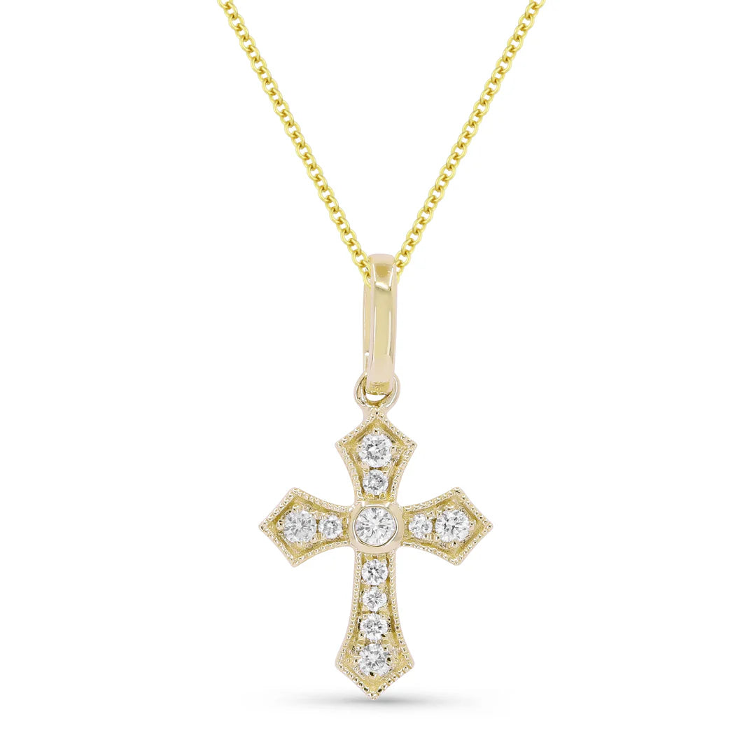 14K YG Diamond Cross Pendant with Milgrain