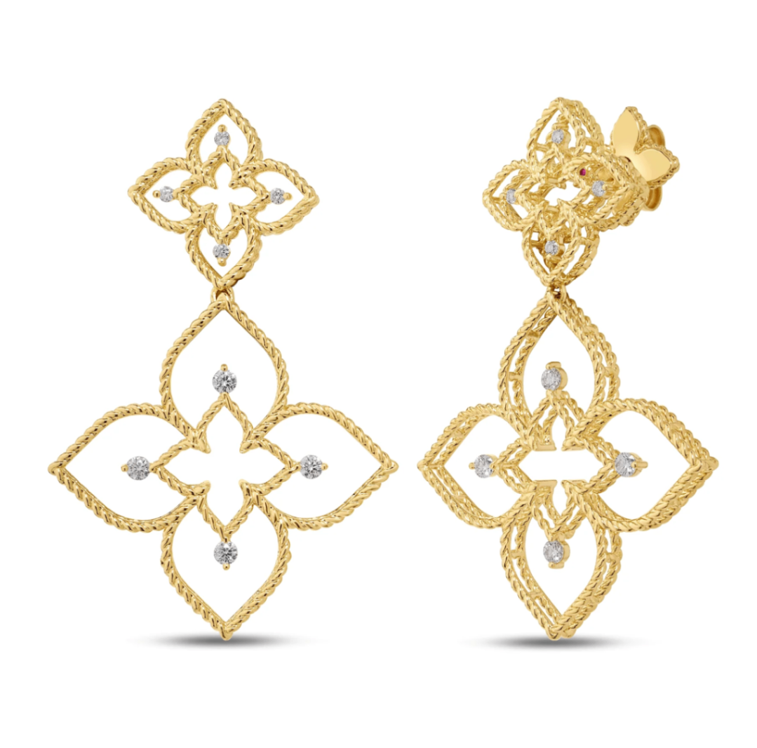 18K Yellow Gold Diamond Large Open Frame Princess Flower Drop Earrings by Roberto Coin