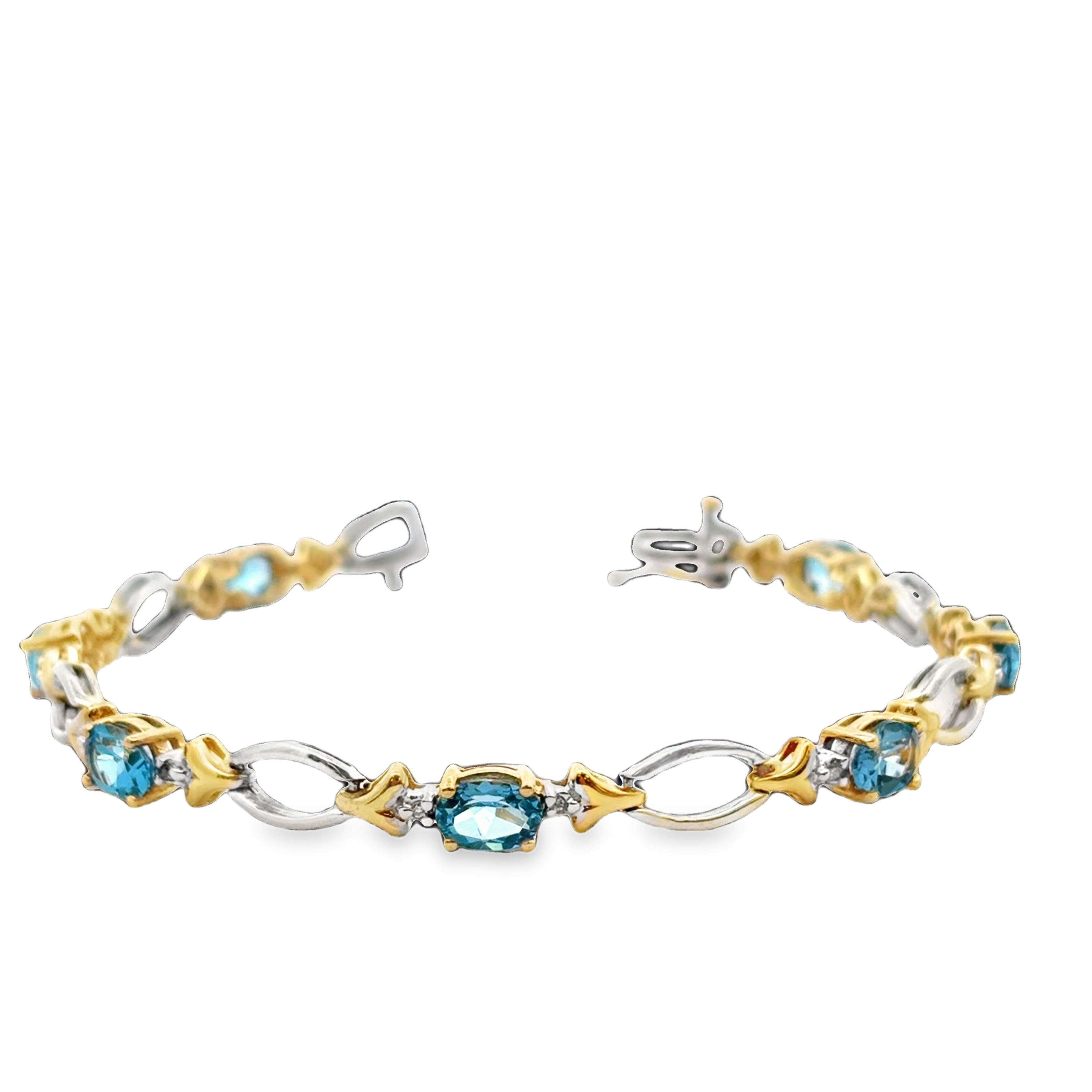 SS/10KYG Blue Topaz & Diamond Tennis Bracelet *Estate Item Sold as is, Final Sale*