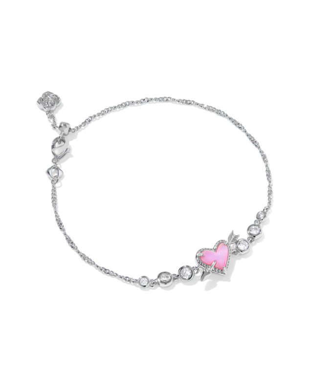 Rhodium Plated Ari Heart Arrow Tennis Bracelet in Pink Opalescent Resin by Kendra Scott