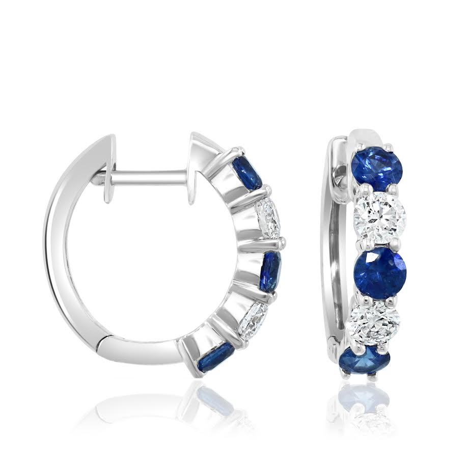14K WG Alternating Blue Sapphire & Diamond Shared Prong Hoops by David Kord Main image