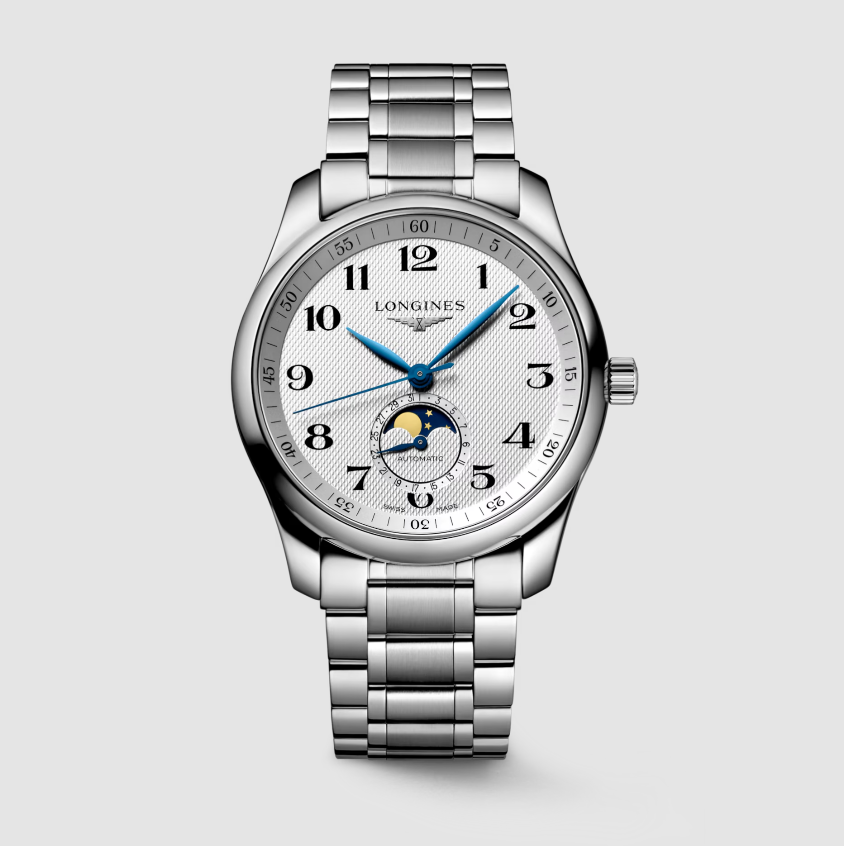 Longines Master Stainless Steel 40mm Chronograph Moonphase Watch in Silver Barleycorn Main image