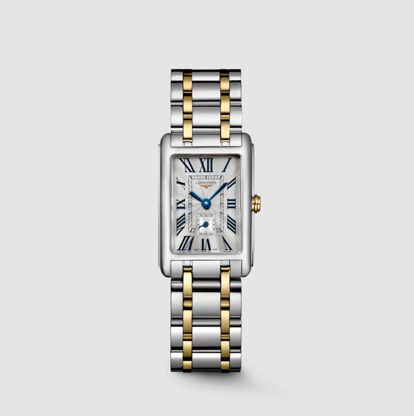 Longines DolceVita Rectangular Watch with Silver Flinqué Dial & 18K Gold Crown