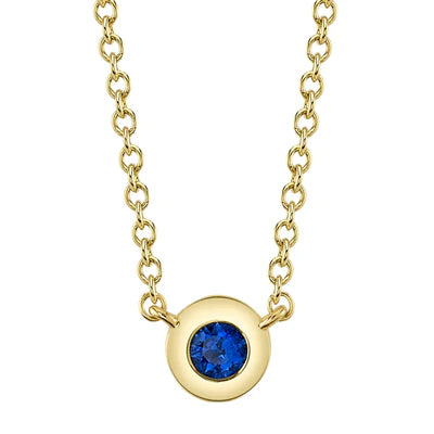 14K YG Blue Sapphire Bezel Set Pendant Necklace
