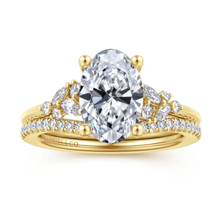 14K Yellow Gold "Meera" Oval Diamond Cluster Sides Semi-Mount by Gabriel NY