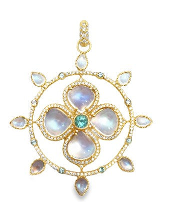 18K YG Rainbow Moonstone & Paraiba Mandala Pendant w Diamonds by Erica Courtney