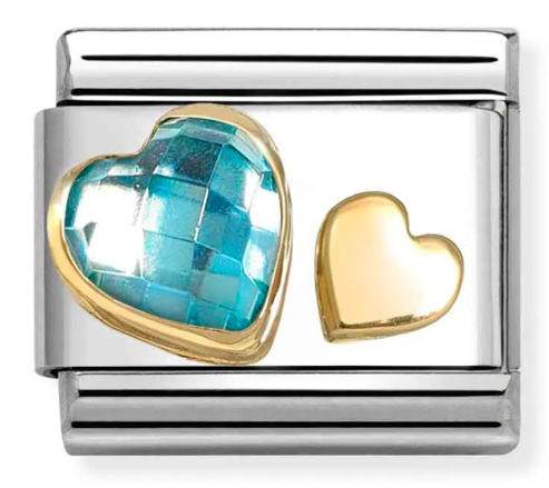 Stainless Steel & 18K Yellow Gold Faceted  Light Blue CZ Hearts Charm