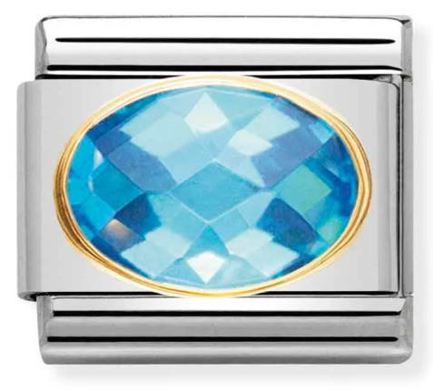 Stainless Steel & 18K Yellow Gold Oval Blue Faceted CZ Charm