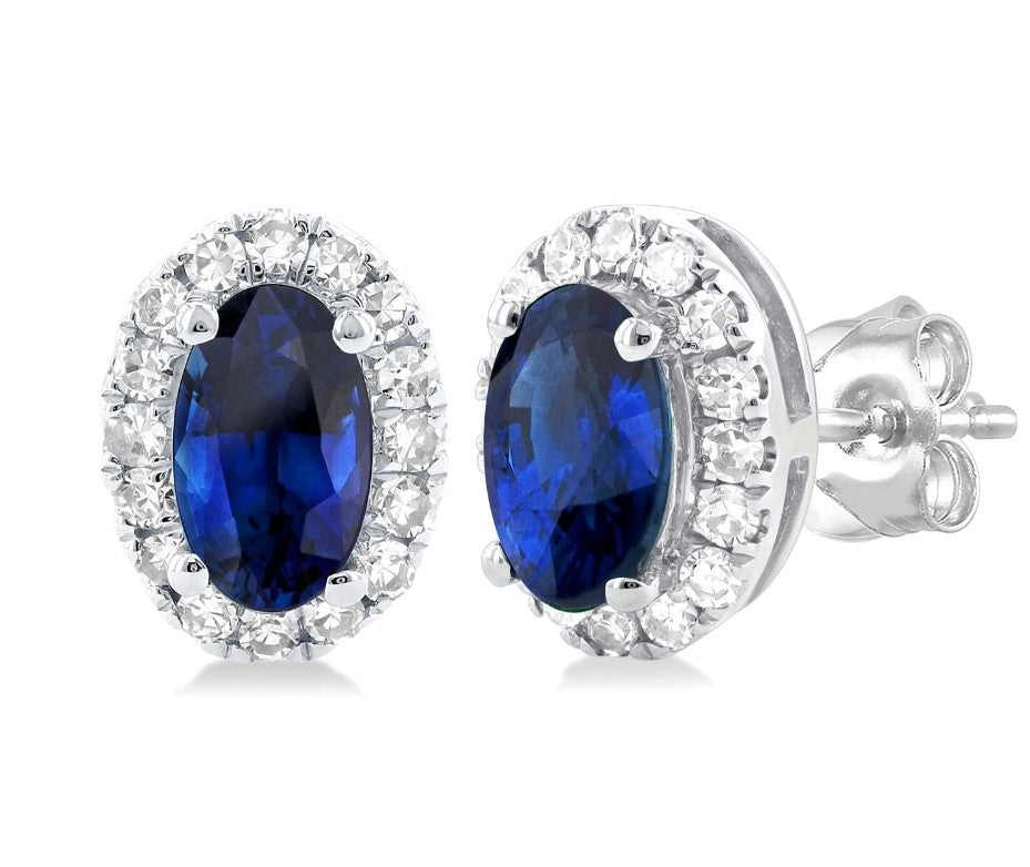 10K WG 5x3mm Oval Sapp & 0.13cttw Dia Halo Stud Earrings