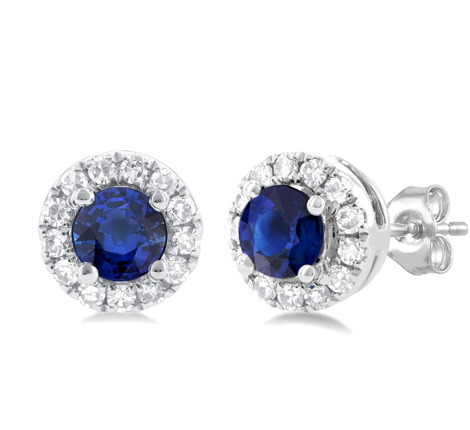 10K WG 3.25mm Round Sapp & 0.10cttw Dia Halo Stud Earrings