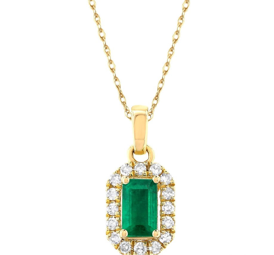 10K YG 5x3mm Emerald & 0.06cttw Dia Octagonal Halo Pendant