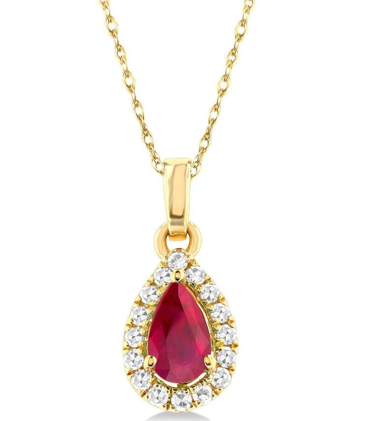 10K YG 5x3mm Pear Ruby & 1/20cttw Diamond Halo Pendant