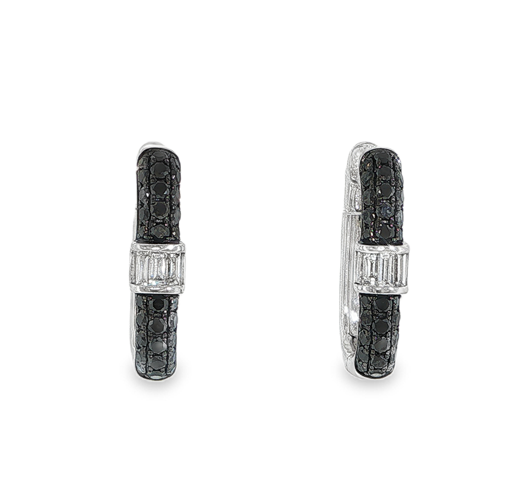 14K White Gold Black Diamond Hoops with Baguette Diamond Center by David Kord