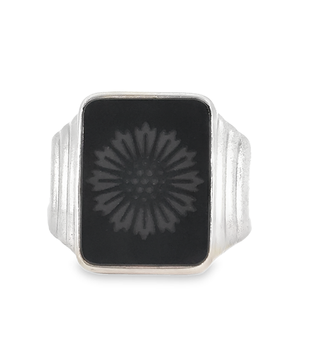 Sterling Silver Tiffany Black Onyx Gents Ring with Flower Motif Main image