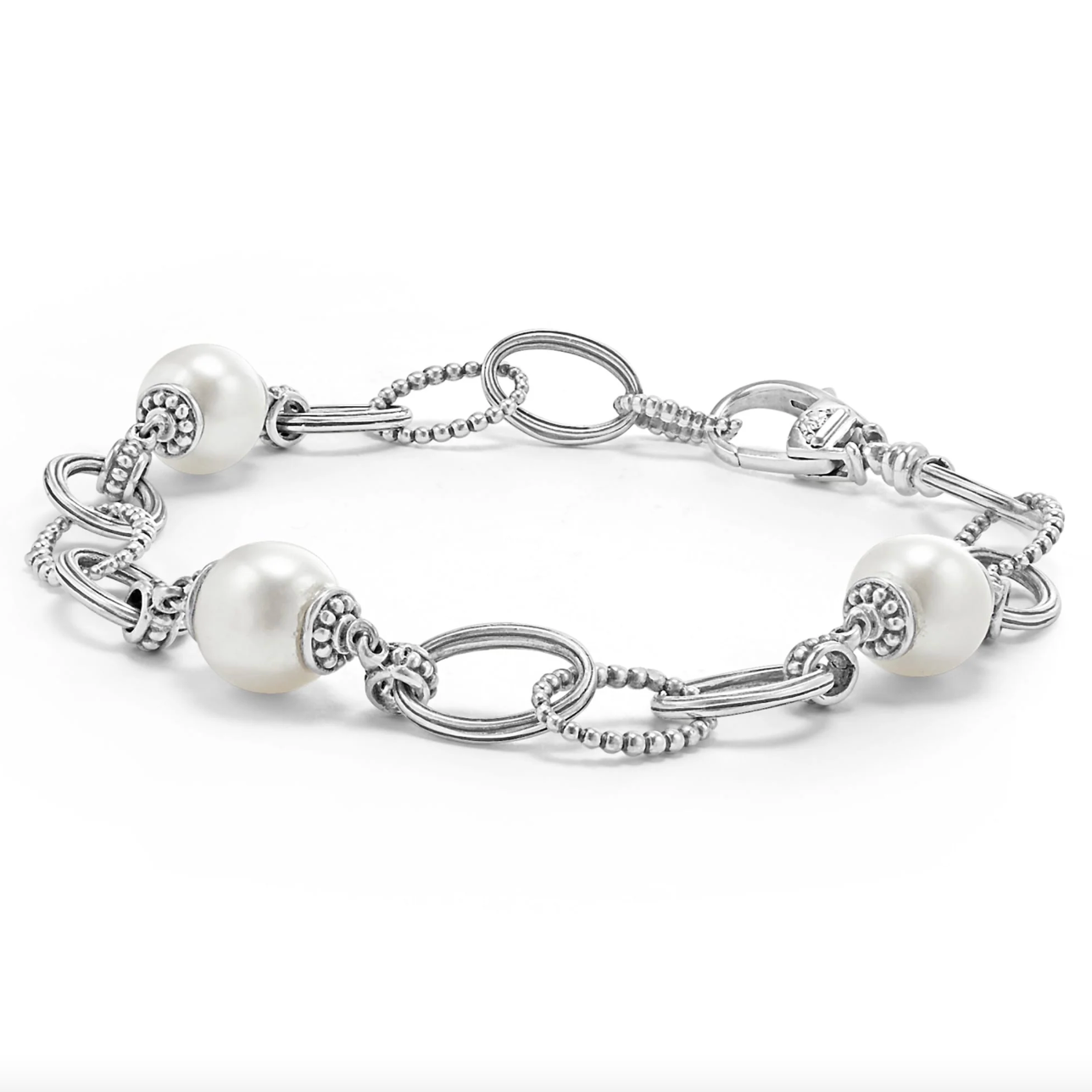 Sterling Silver Luna Pearl & Caviar Fluted Oval Adjustable Link Bracelet by Lagos Secondary image