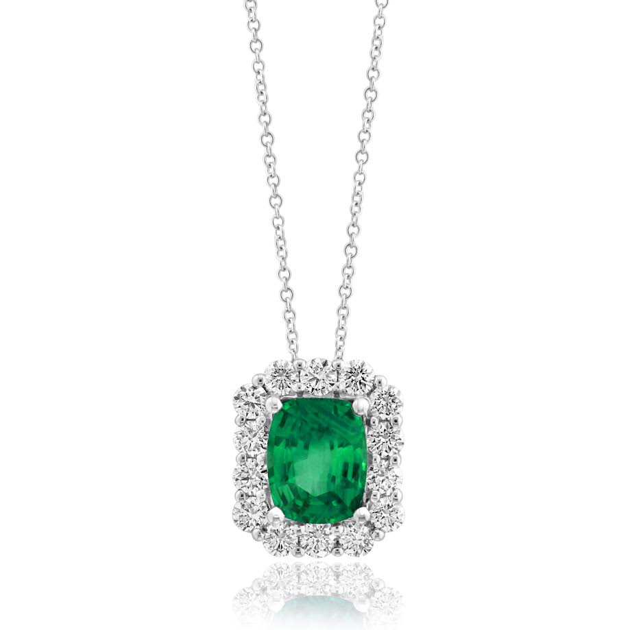 18K WG EC Emerald & Diamond Halo Pendant Necklace by David Kord