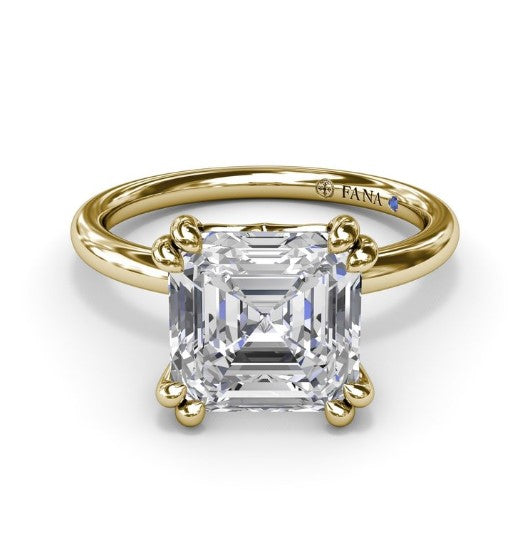 14K YG Asscher Double Prong Solitaire with Peekaboo Diamonds by Fana