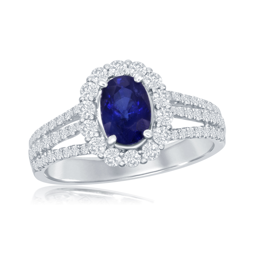 18K White Gold Oval Blue Sapphire & Diamond Halo Split Shank Ring