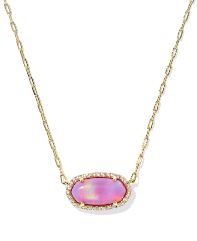 Gold Plated Elisa Pave Frame Pendant Necklace in Pink Opalescent Resin by Kendra Scott
