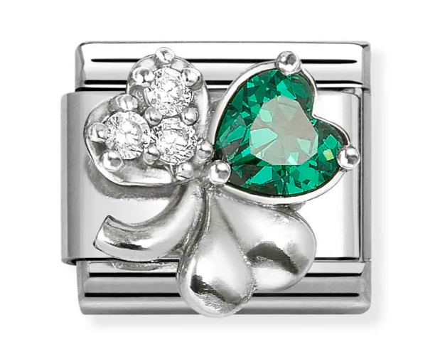 Stainless Steel & Sterling Silver White-Green Clover CZ Charm Main image