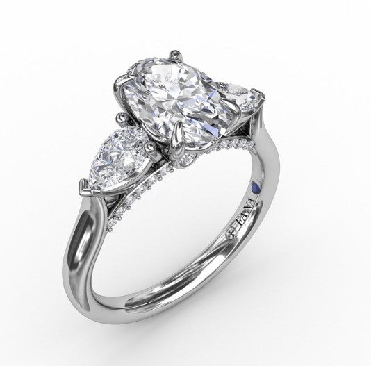 14K WG Classic Three-Stone Oval Diamond Semi-Mount with Pear Sides by FANA