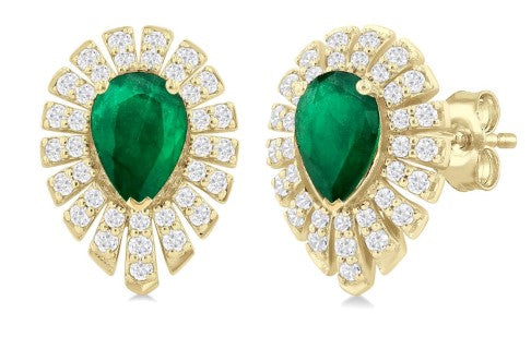 14K YG 5x3mm PS Emerald & Diamond Double Halo Stud Earrings