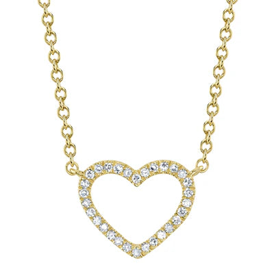14K YG Diamond Open Heart Frame Pendant Necklace