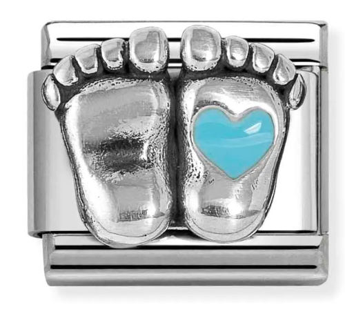 Stainless Steel & Sterling Silver Baby Feet Charm with Blue Enamel Heart