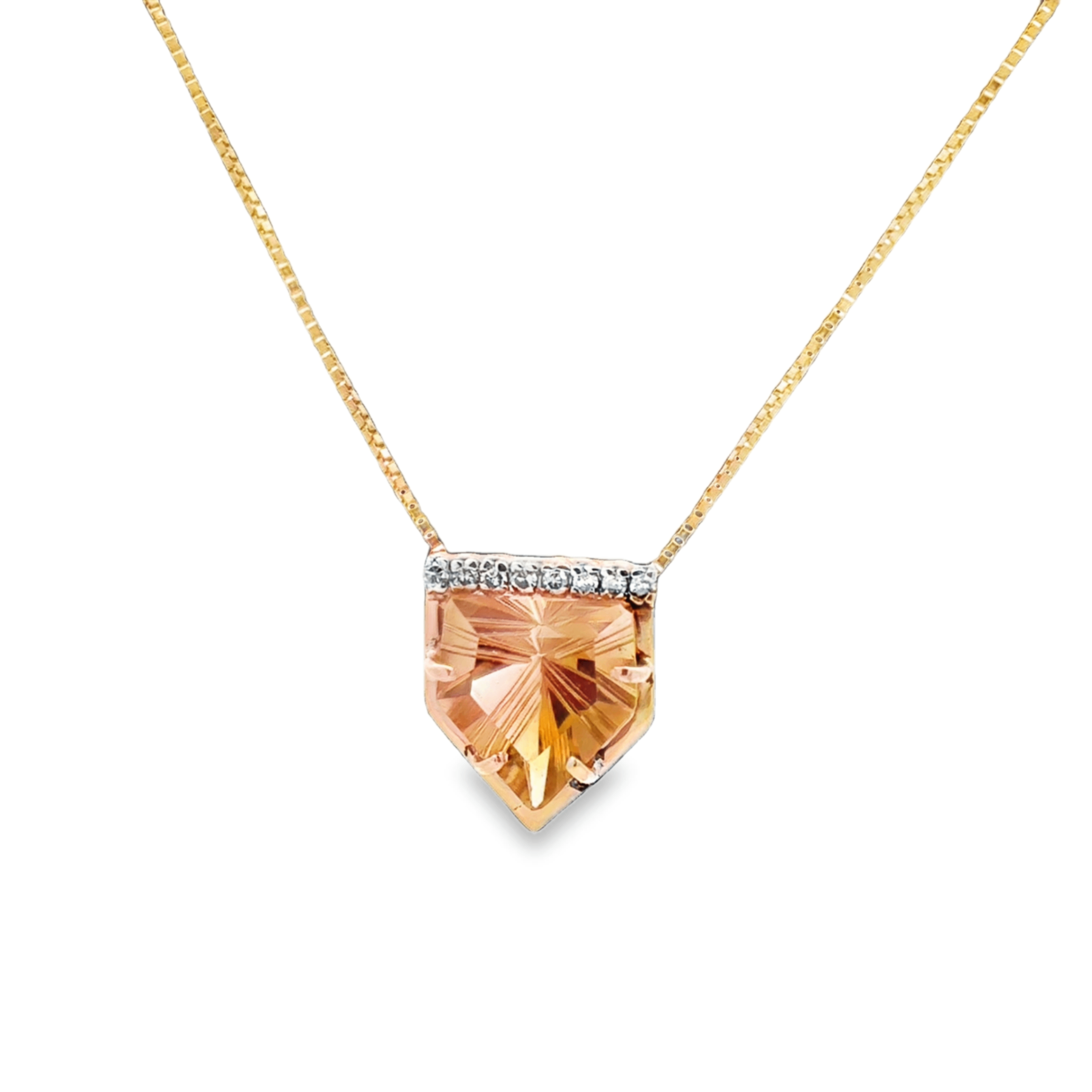 14K YG Fantasy Cut Citrine & Diamond Pendant on Box Chain *Estate Item Sold as is, Final Sale* Main image