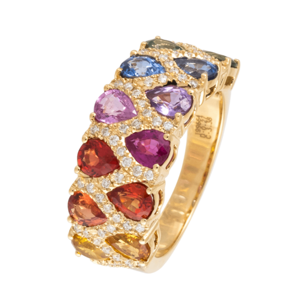 18K Rose Gold Pear Shape Multi Sapphire & Diamond Wide Band