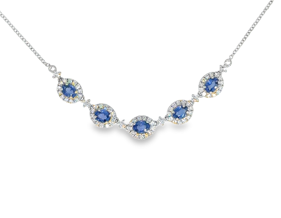 14K White Gold Oval Sapphire & Diamond Halo 5-Station Mini Necklace by David Kord Main image