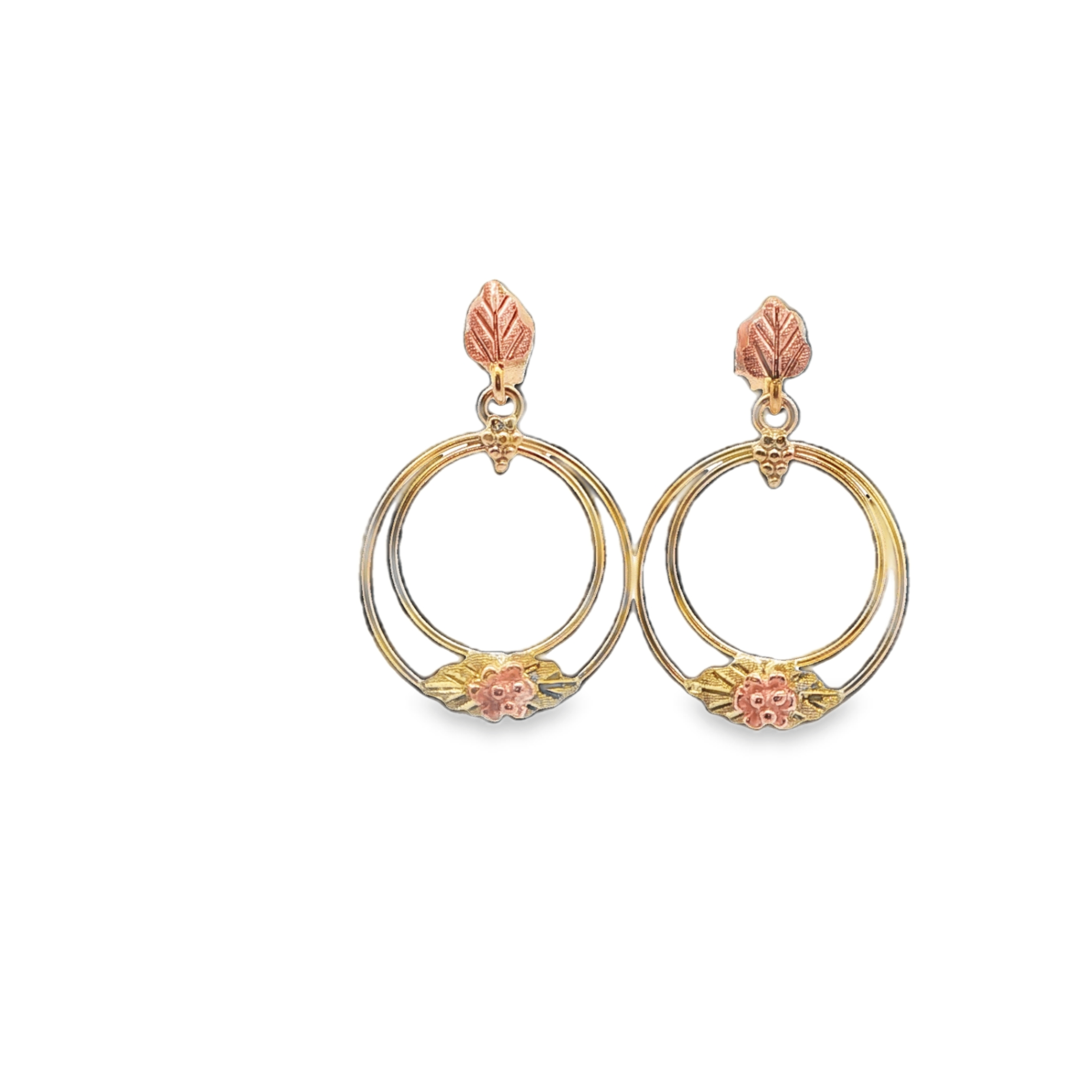14K Tri-Color Leaf Double Circle Drop Earrings *Estate Item Sold as is, Final Sale*