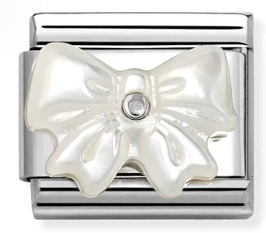 Stainless Steel & Sterling Silver Mother of Pearl Bow Charm with CZ Main image