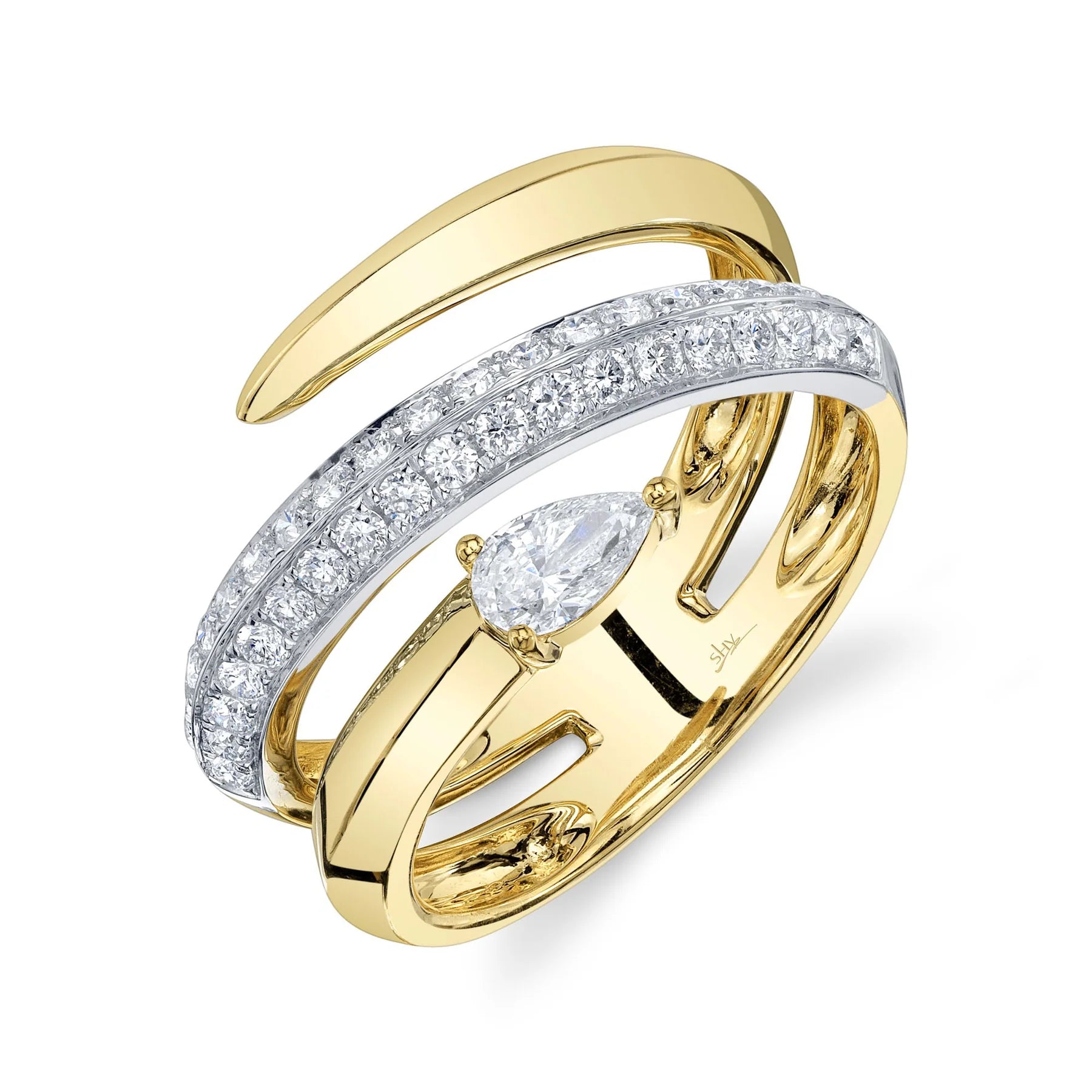 14K W/YG Pave Diamond & Polished Gold Wrap Ring with Diamond Pear Accent Main image