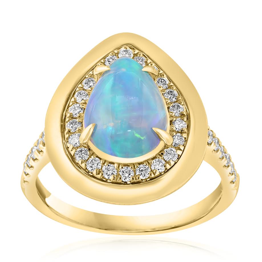 14K YG PS Opal & Gold Frame Diamond Halo Ring by David Kord