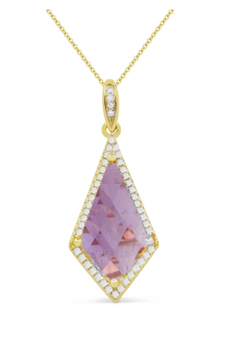 14K Yellow Gold Kite Shape Amethyst & Diamond Halo Pendant Necklace