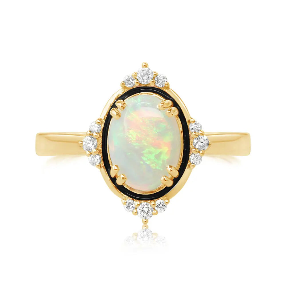 14K YG Australian Opal & Diamond Vintage Style Ring with Black Enamel Main image
