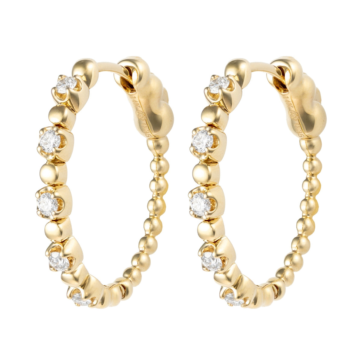 14K Yellow Gold Diamond & Bead Alternating Hoops