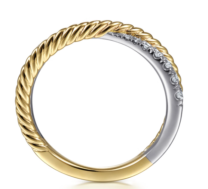 14K Two-Tone Criss Cross Diamond Band with Twisted Rope Detail by Gabriel NY