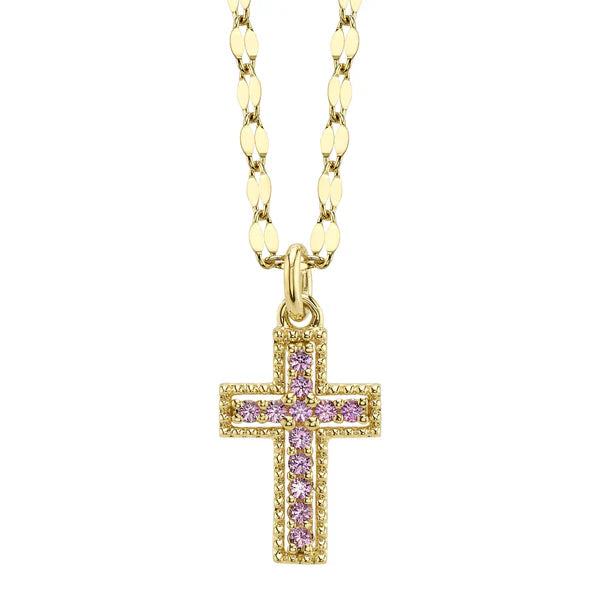 14K YG Pink Sapphire Cross Pendant on Sparkle Chain by Shy Creation