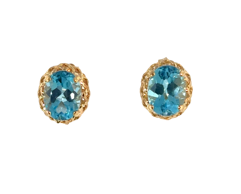 14K Yellow Gold Oval Blue Topaz Stud Earrings