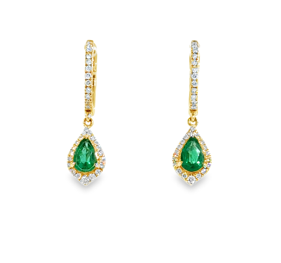 14K Yellow Gold Pear Shape Emerald & Diamond Halo Drop Earrings by David Kord