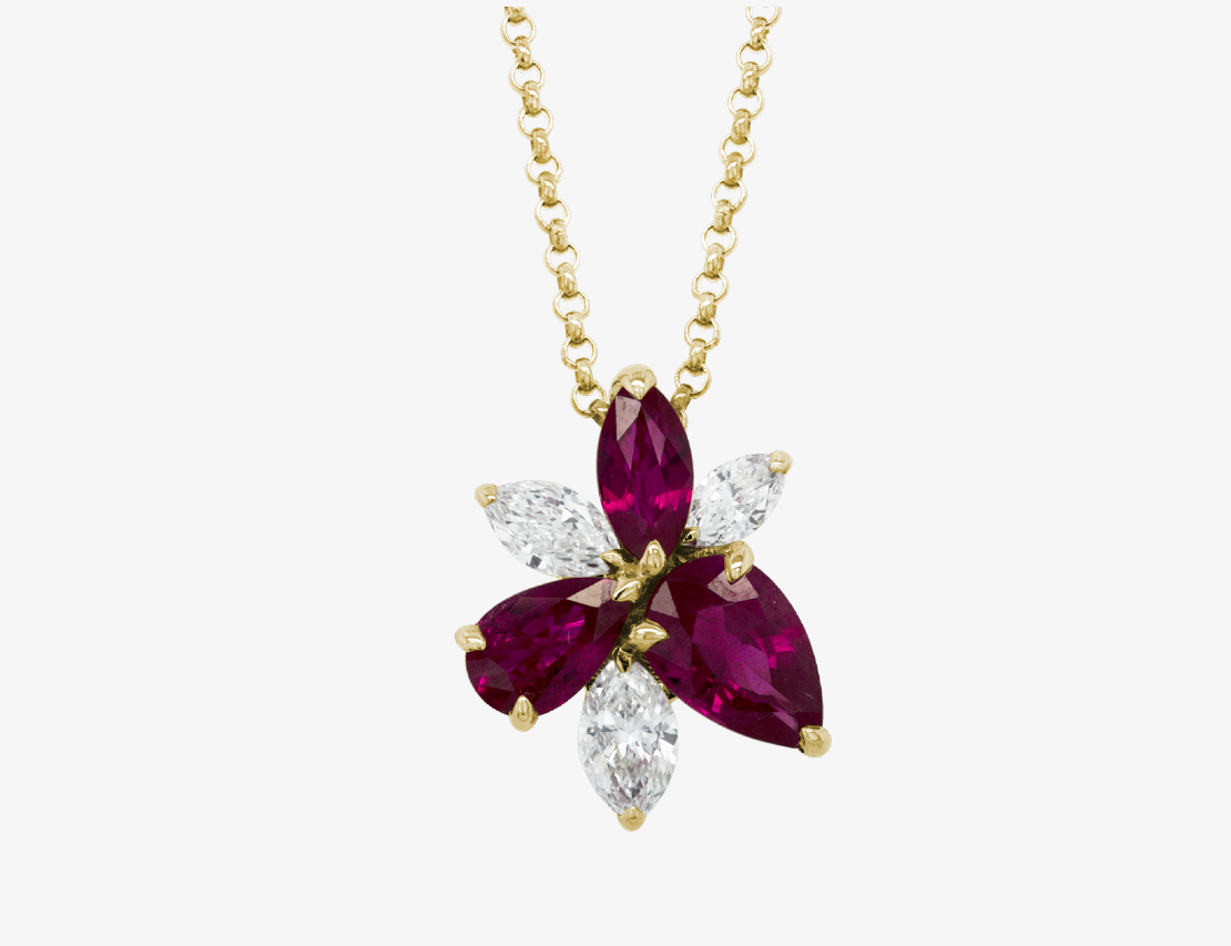 14K Yellow Gold Ruby & Diamond Fancy Shape Cluster Pendant Necklace Main image